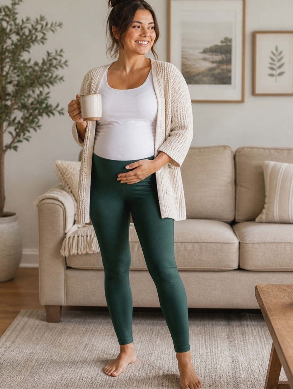 Feathers Maternity Dark Green Leggings One Size Stretch High Waist Soft Comfy